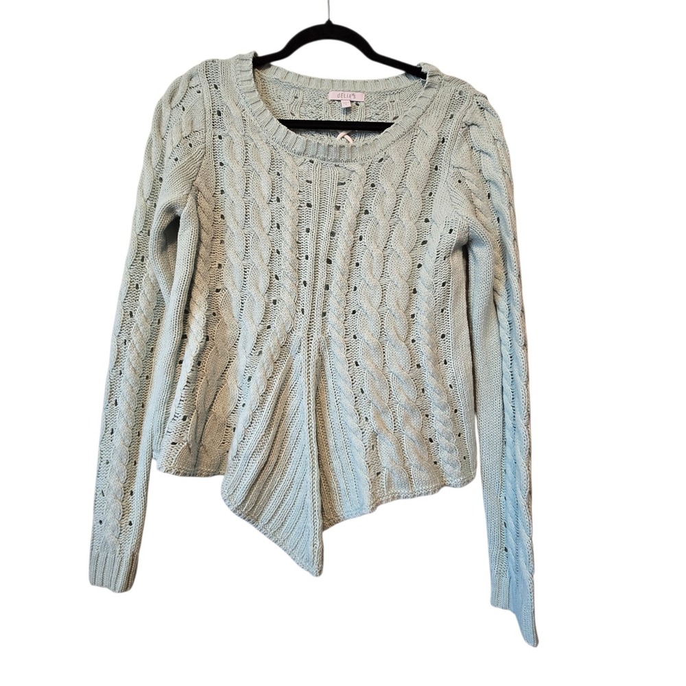 Vintage 90s Y2K Delia's Open Knit Lace Up Sweater Women LG Mint Cable Knit Point